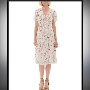 ecru Floral Embroidered Ecru Midi Dress